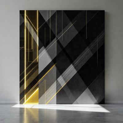 The primary subject of the image is a large, modern art piece featuring a black and white checkered pattern. The setting is a white wall, which serves as the background for the artwork. The visual style of the image is a combination of digital art and illustration, creating a unique and striking appearance. The dominant colors in the artwork are black and white, with a touch of yellow, which adds a sense of warmth and contrast to the overall atmosphere.